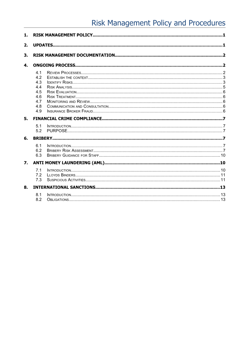 Risk Management Policy and Procedures