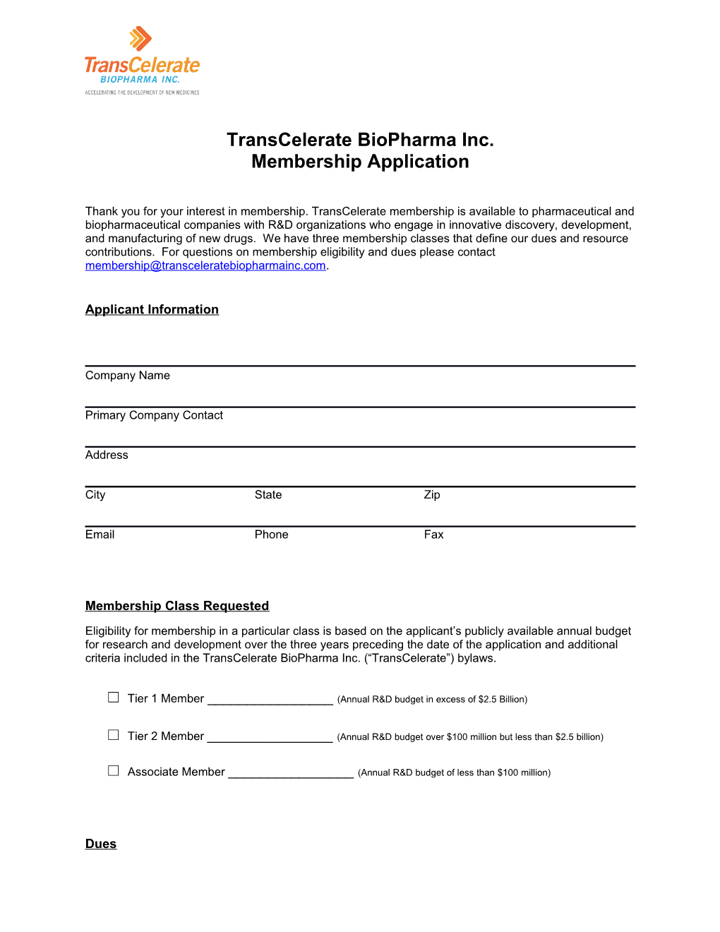 Transcelerate Biopharma Inc. Membership Application