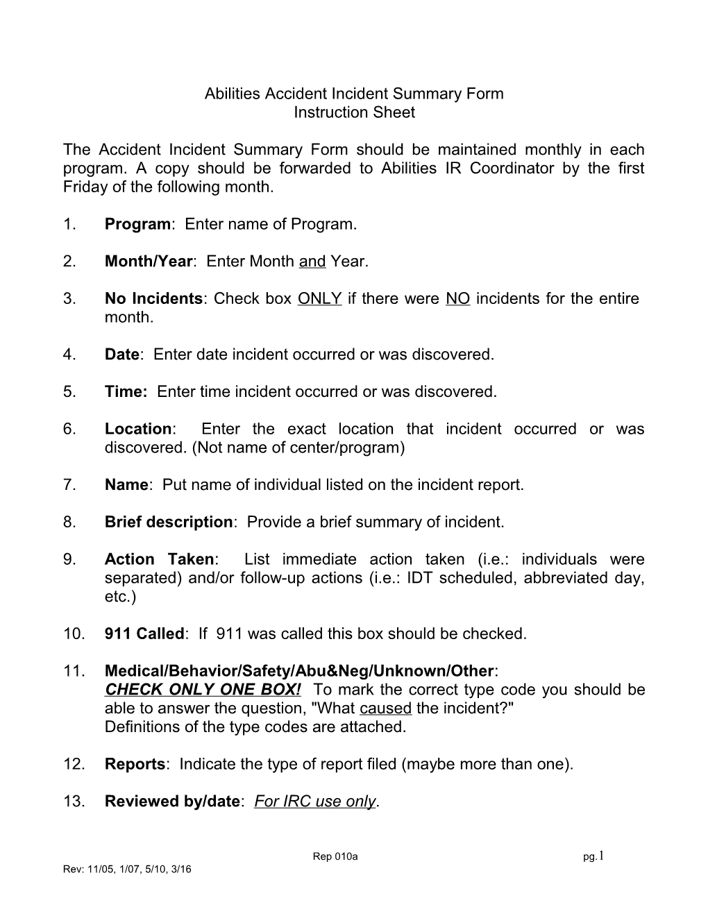 Abilities Accident Incident Summary Form