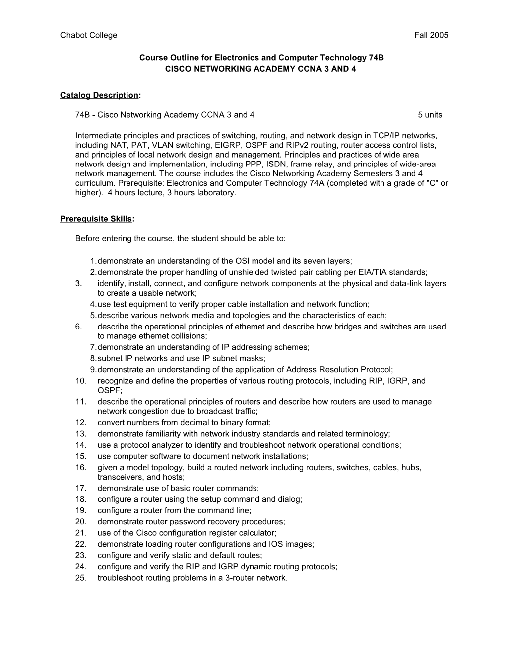 Course Outline for Electronics and Computer Technology 99