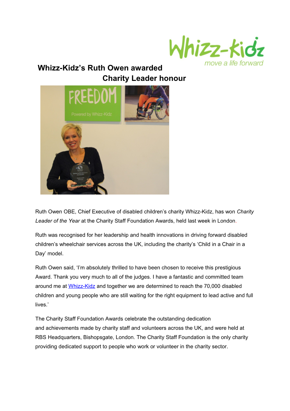 Whizz-Kidz Sruth Owen Awarded Charity Leader Honour