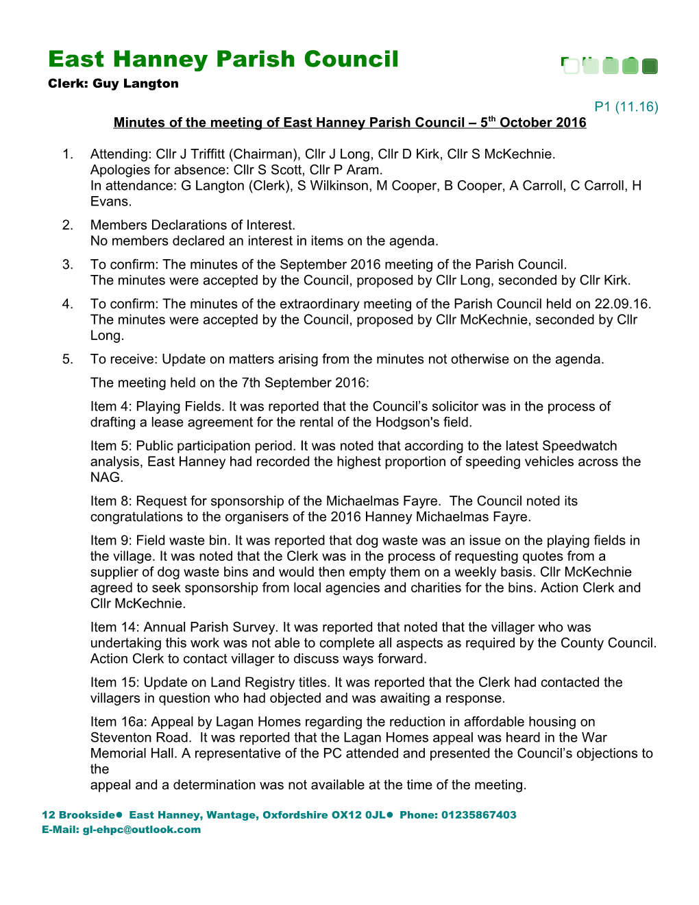 Minutes of the Meeting of East Hanney Parish Council 5Th October 2016