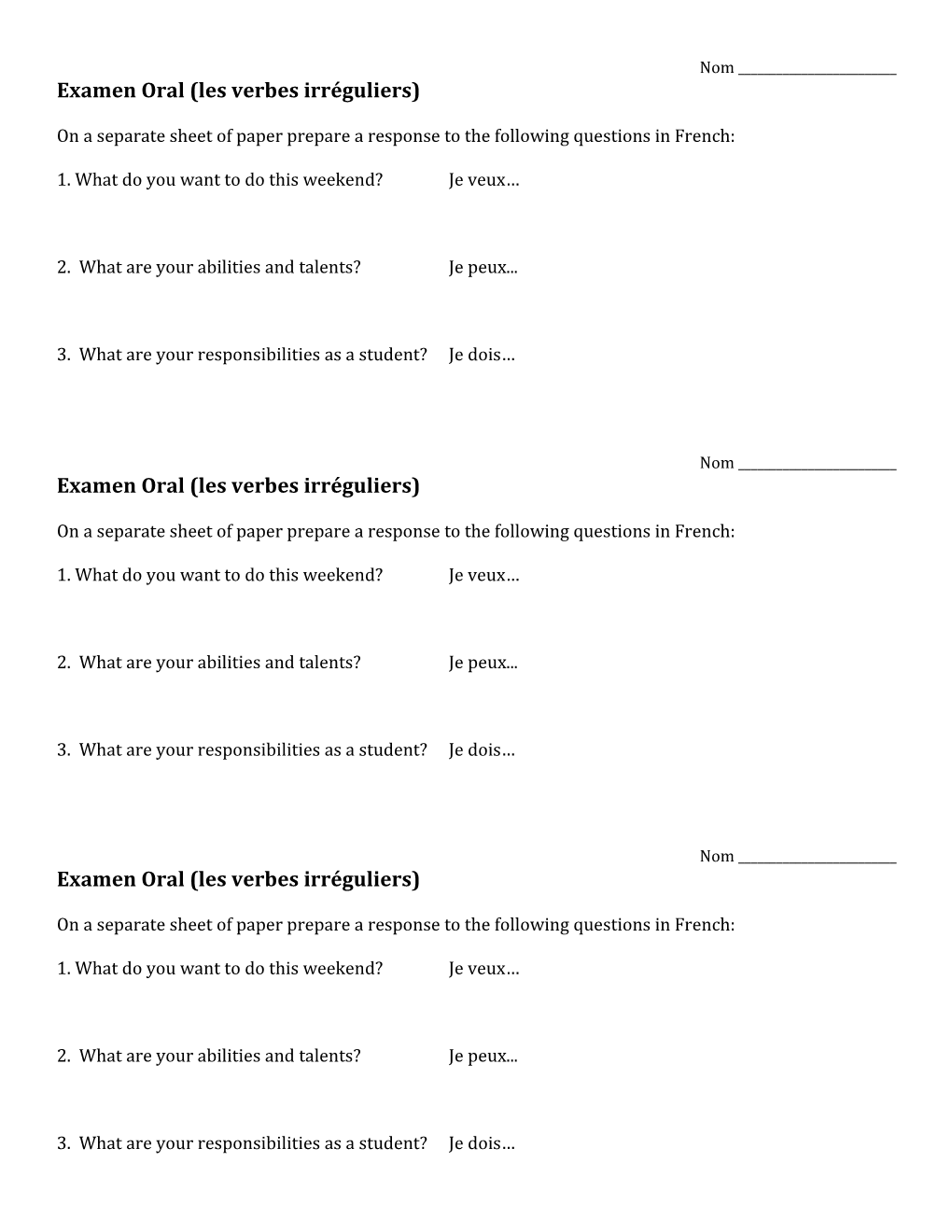 Examen Oral (Les Verbes Irréguliers)