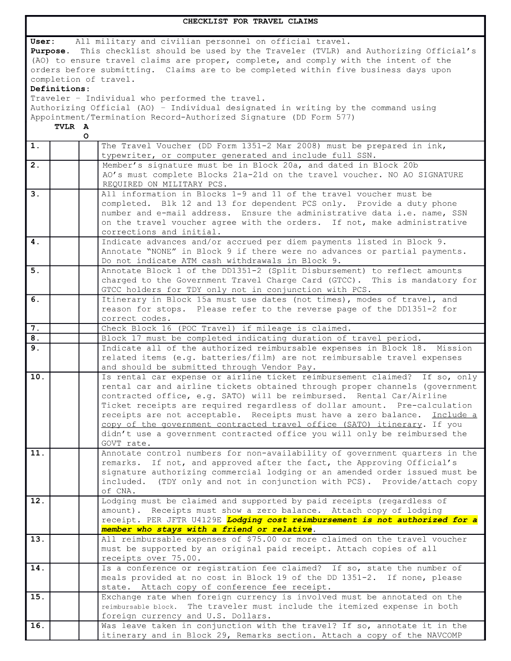 Traveler S Checklist for Temporary Duty Travel