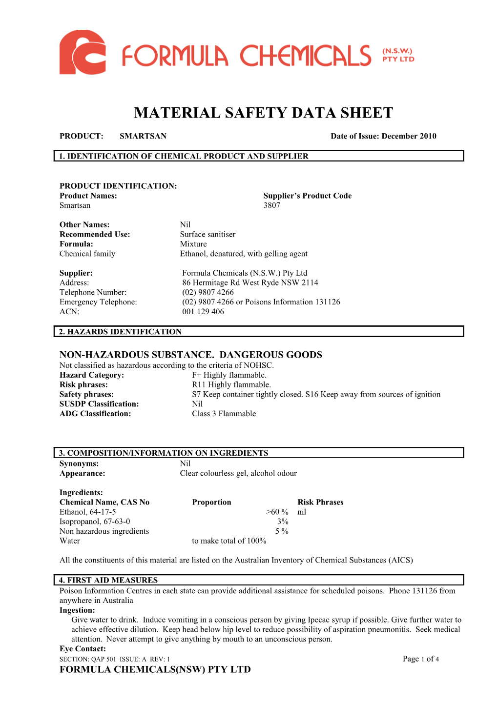 Material Safety Data Sheet s62