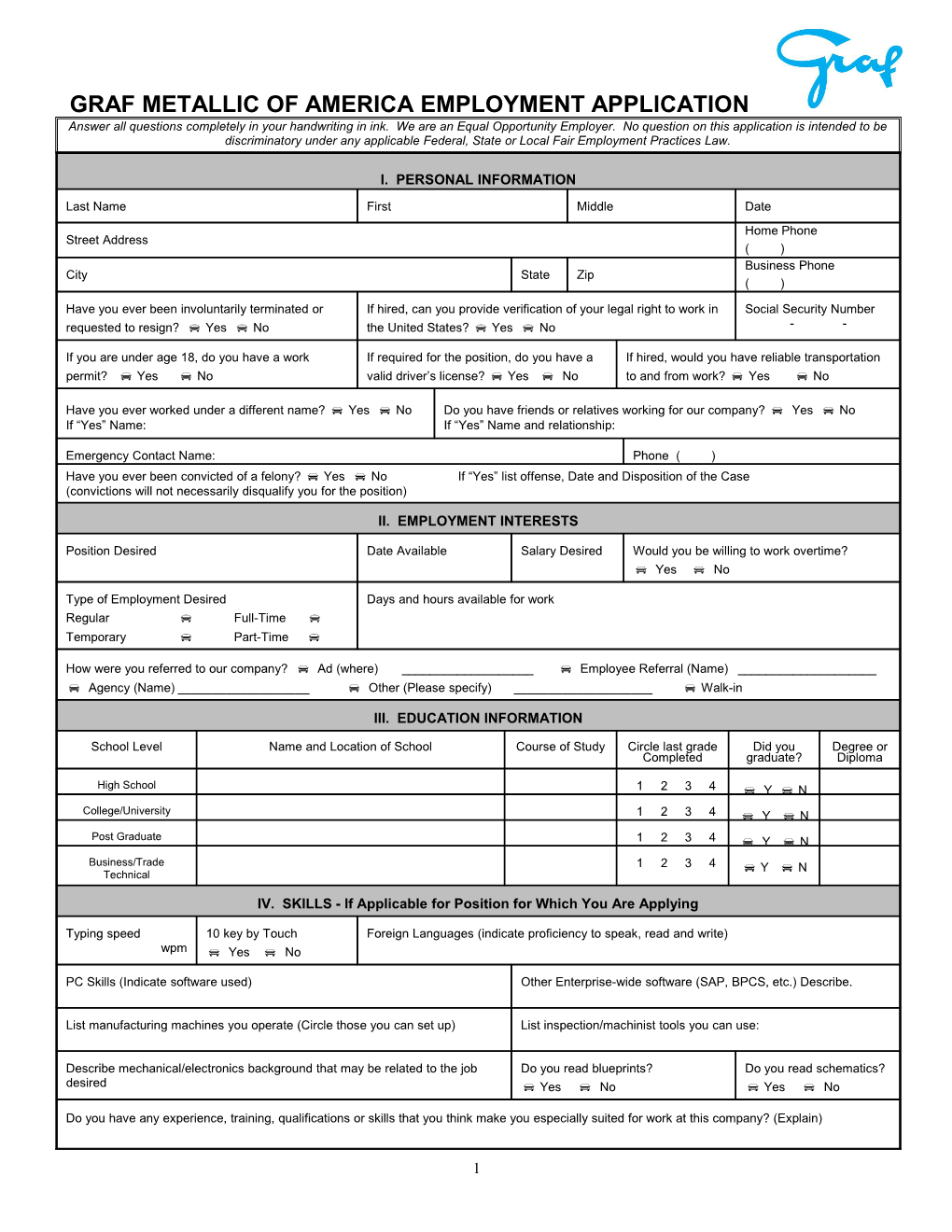 Graf Metallic of America Employment Application