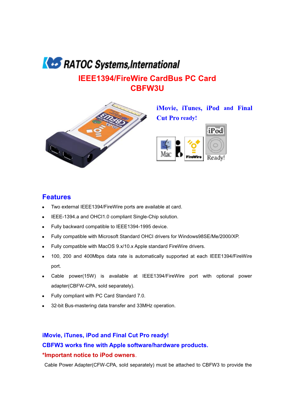 IEEE1394/Firewire Cardbus PC Card