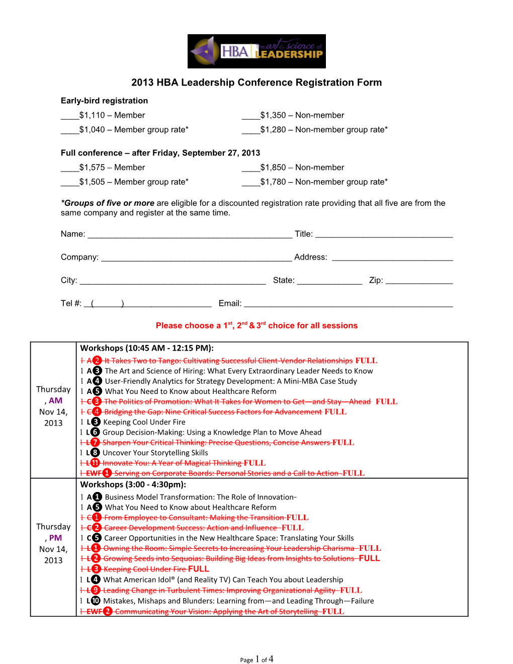 2013 HBA Leadership Conference Registration Form