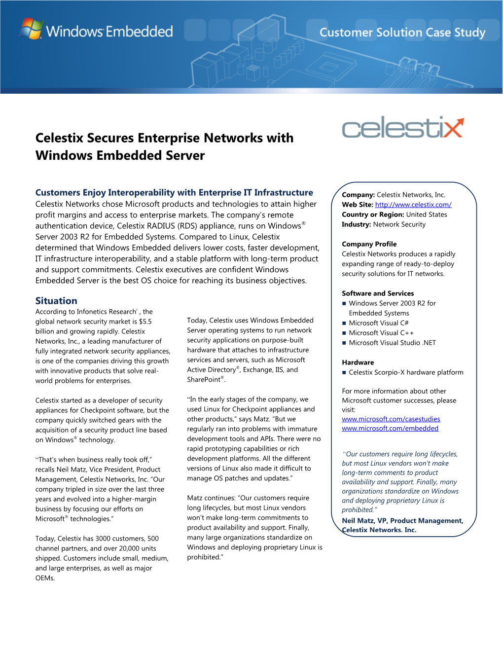 Metia Windows Embedded Celestix Secures Enterprise Networks with Windows Embedded Server