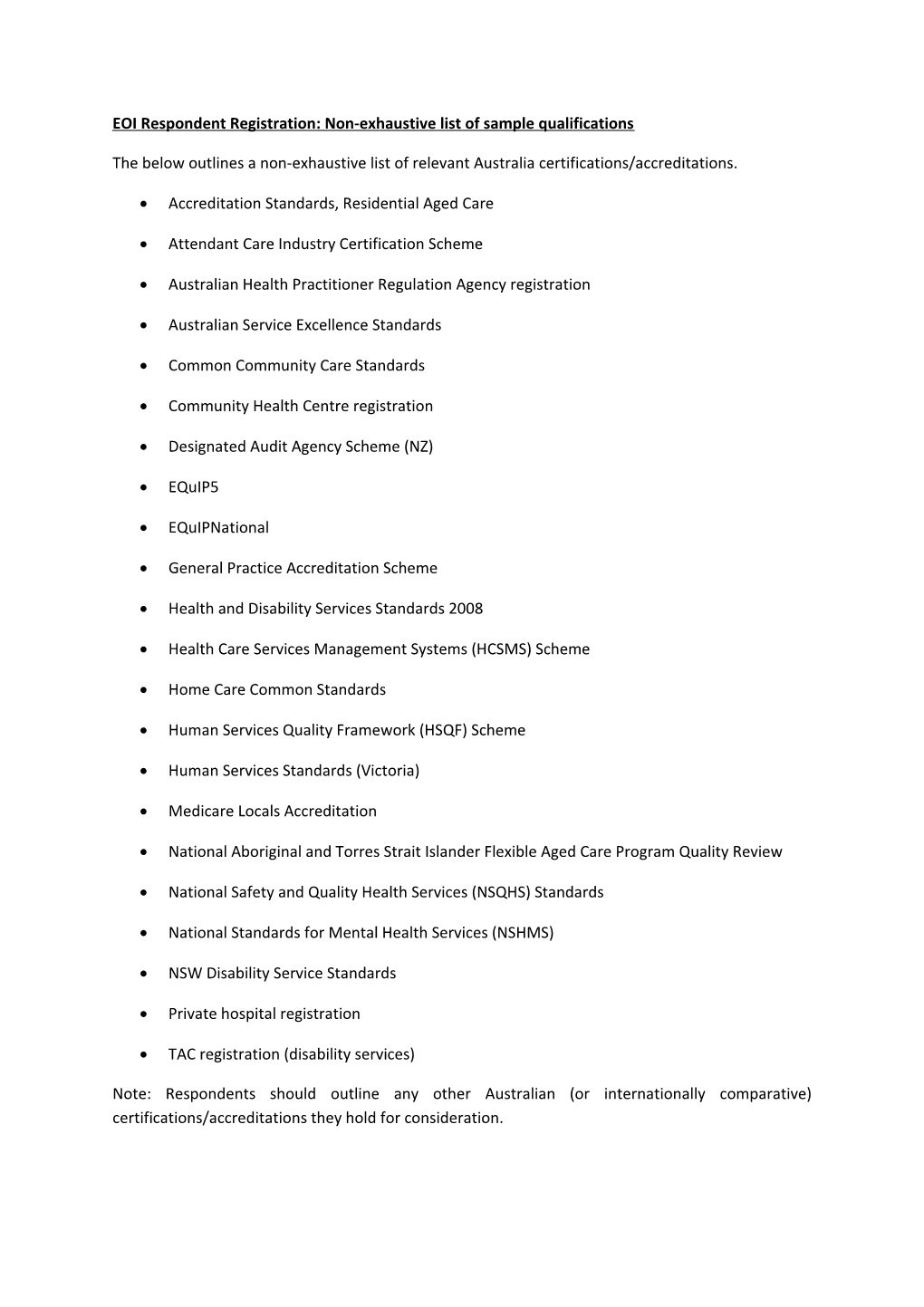 EOI Respondent Registration: Non-Exhaustive List of Sample Qualifications