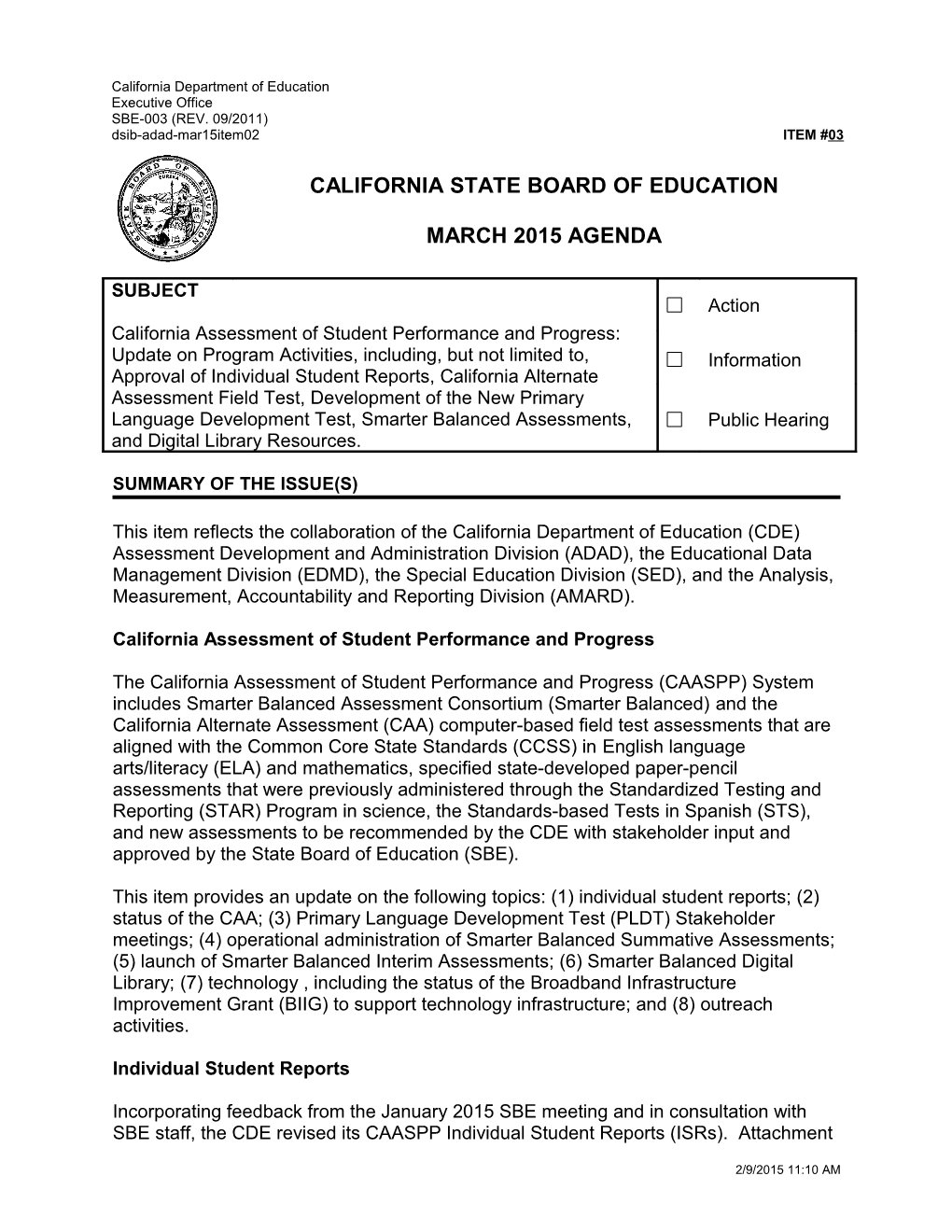 March 2015 Agenda Item 03 - Meeting Agendas (CA State Board of Education)