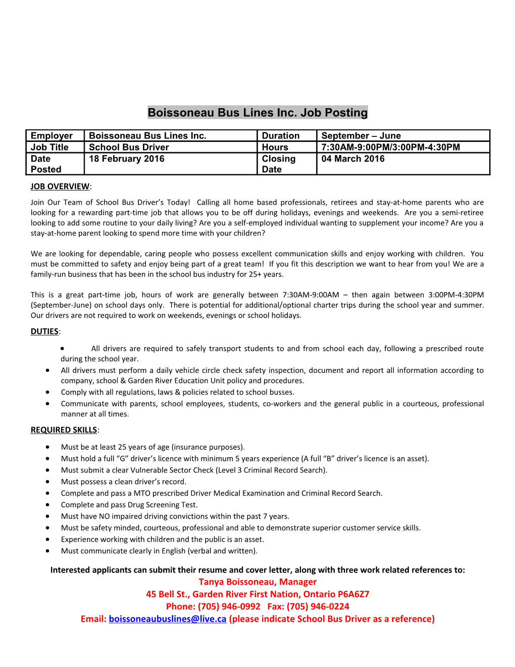 Boissoneaubus Lines Inc. Job Posting