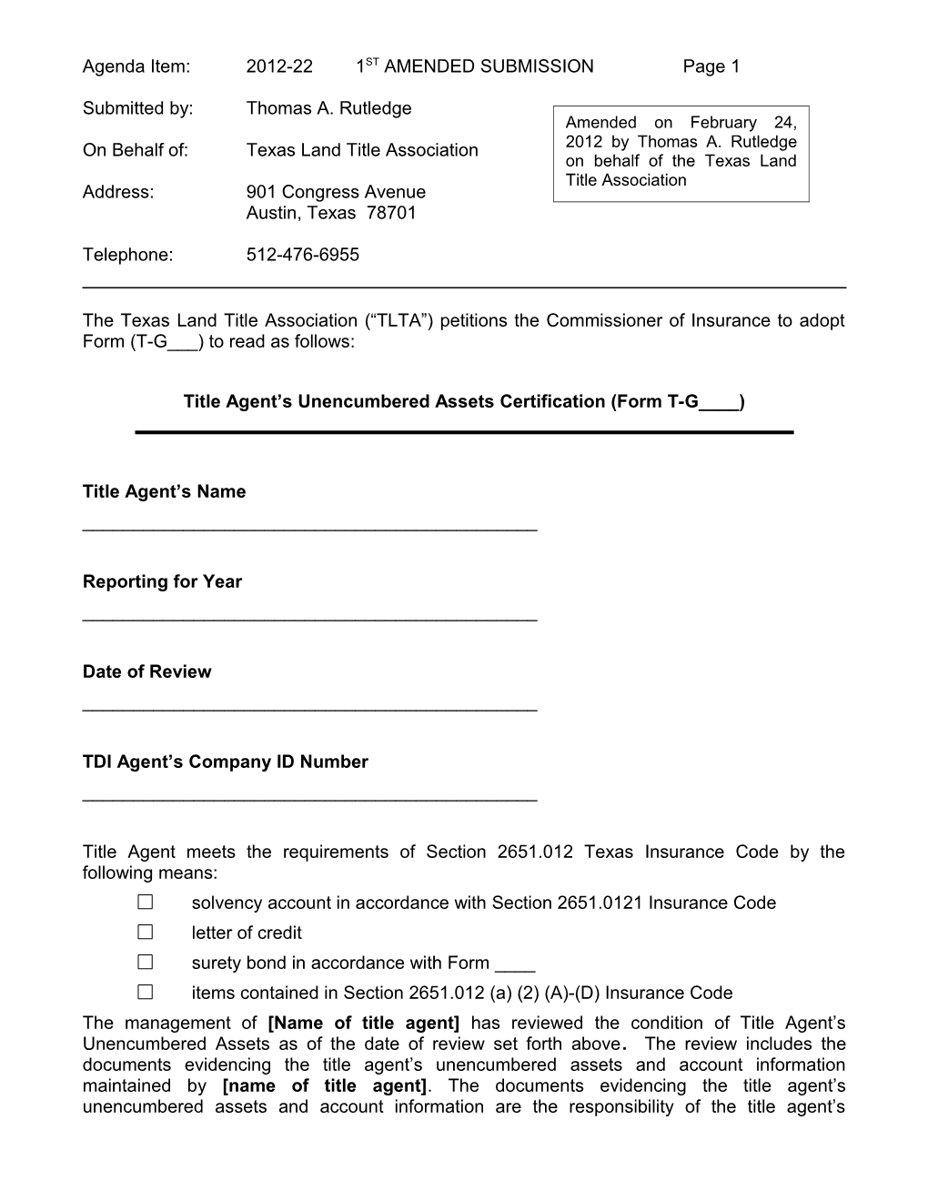 The Texas Land Title Association ( TLTA ) Petitions the Commissioner of Insurance to Amend s1