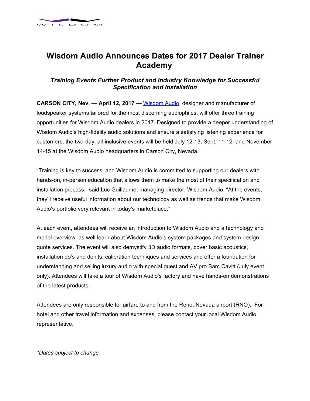 Wisdom Audio Announces Dates for 2017 Dealer Trainer Academy
