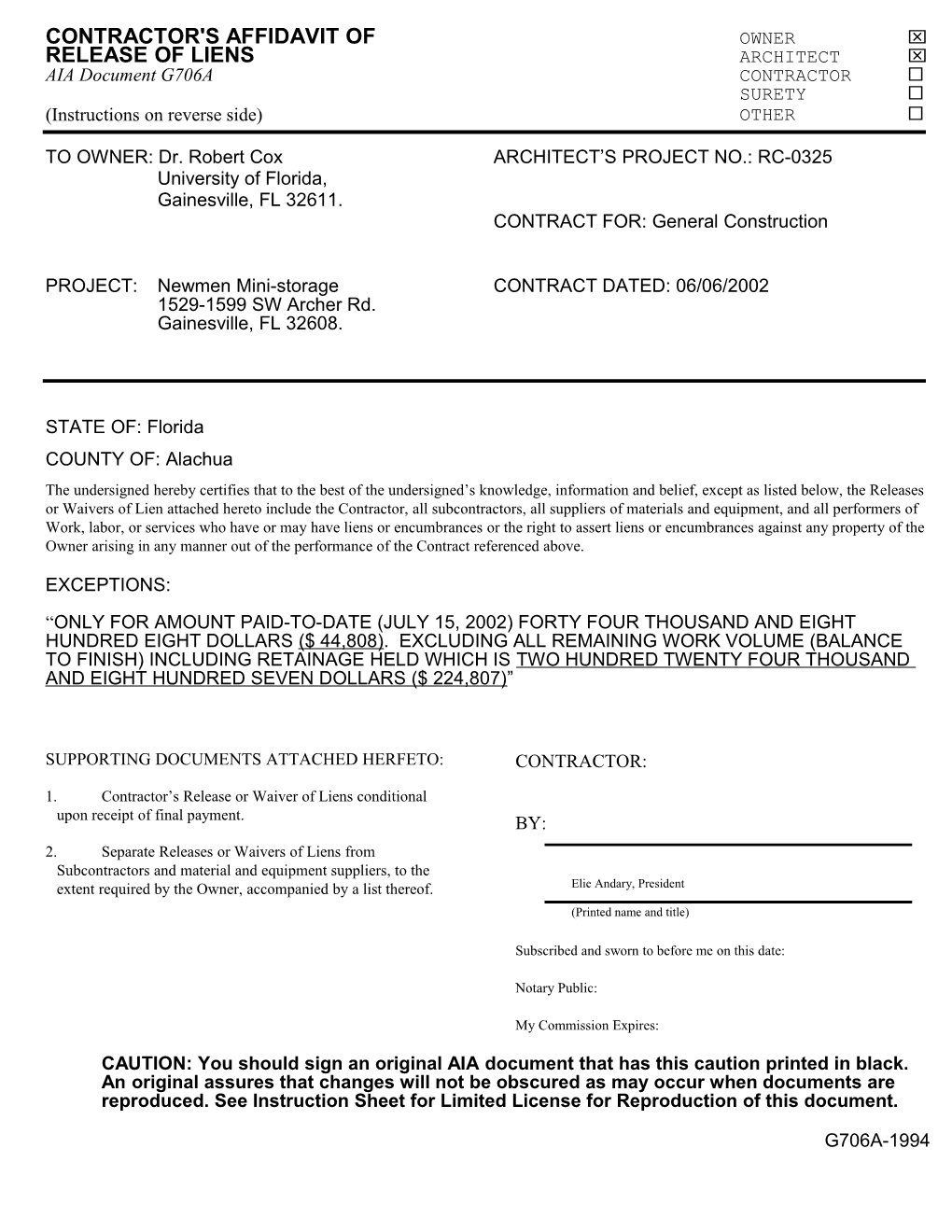 Contractor's Affidavit Of