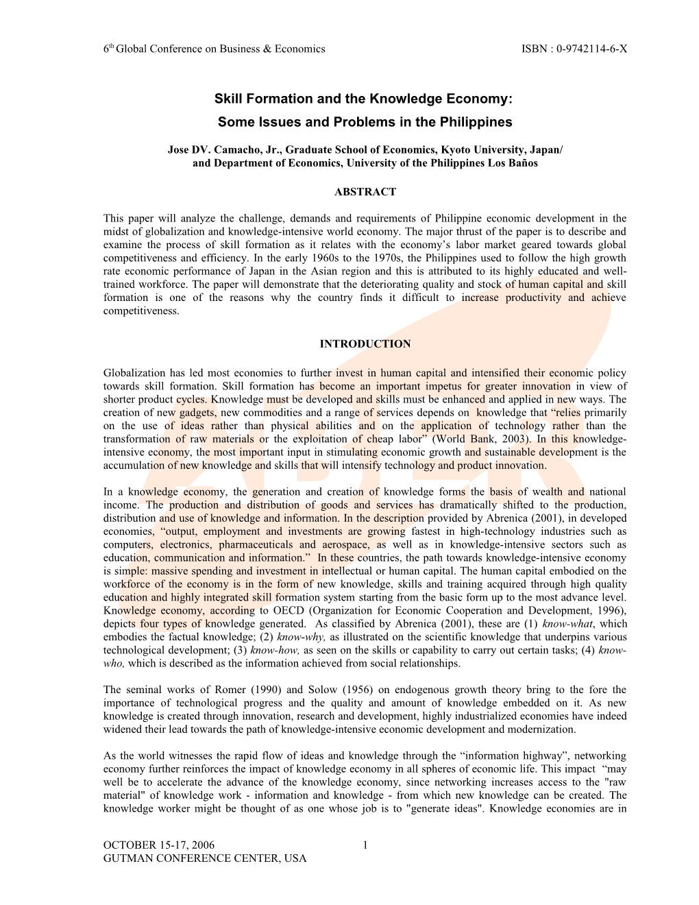 Skill Formation And The Knowledge Economy: Some Issues And Problems In The Philippines