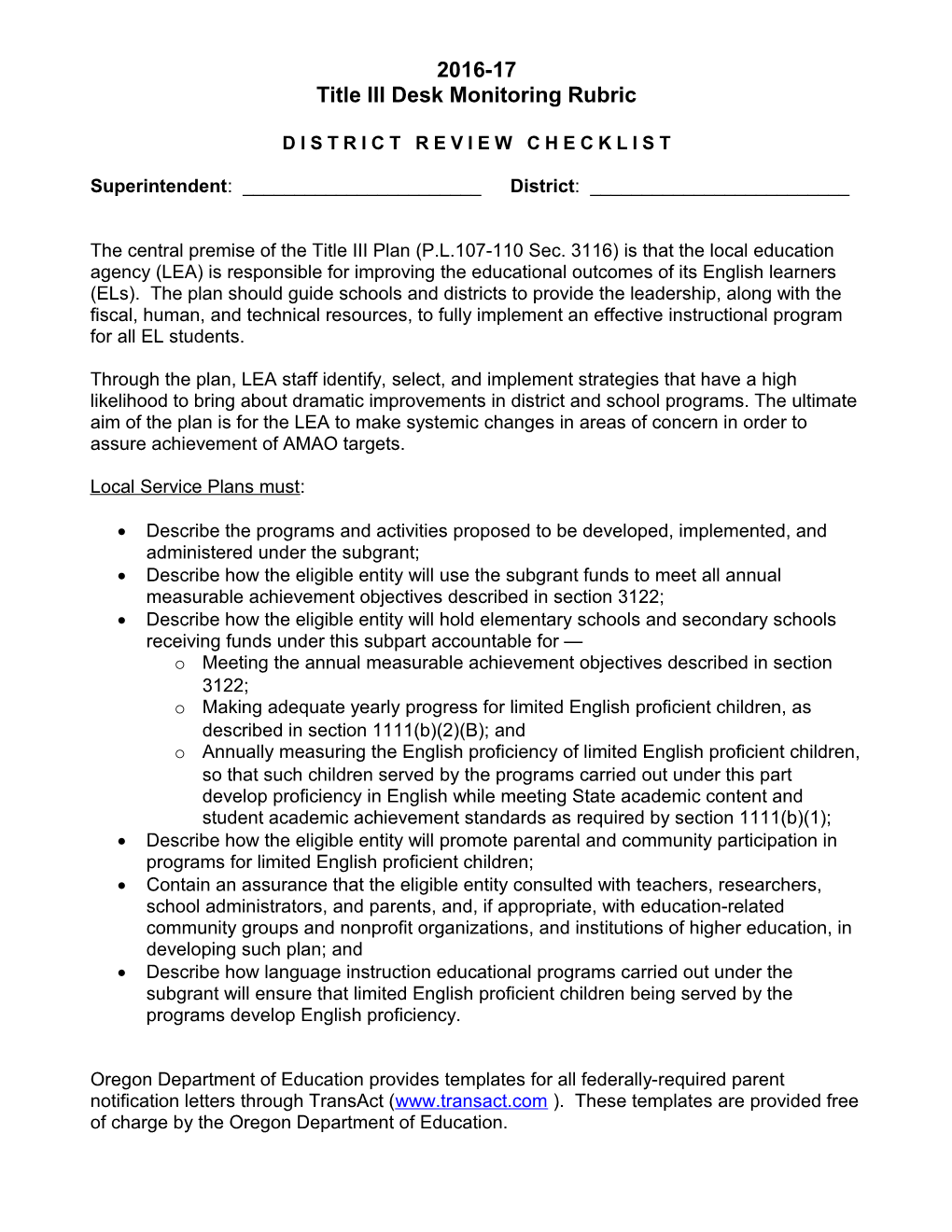 Title III Desk Monitoring Rubric