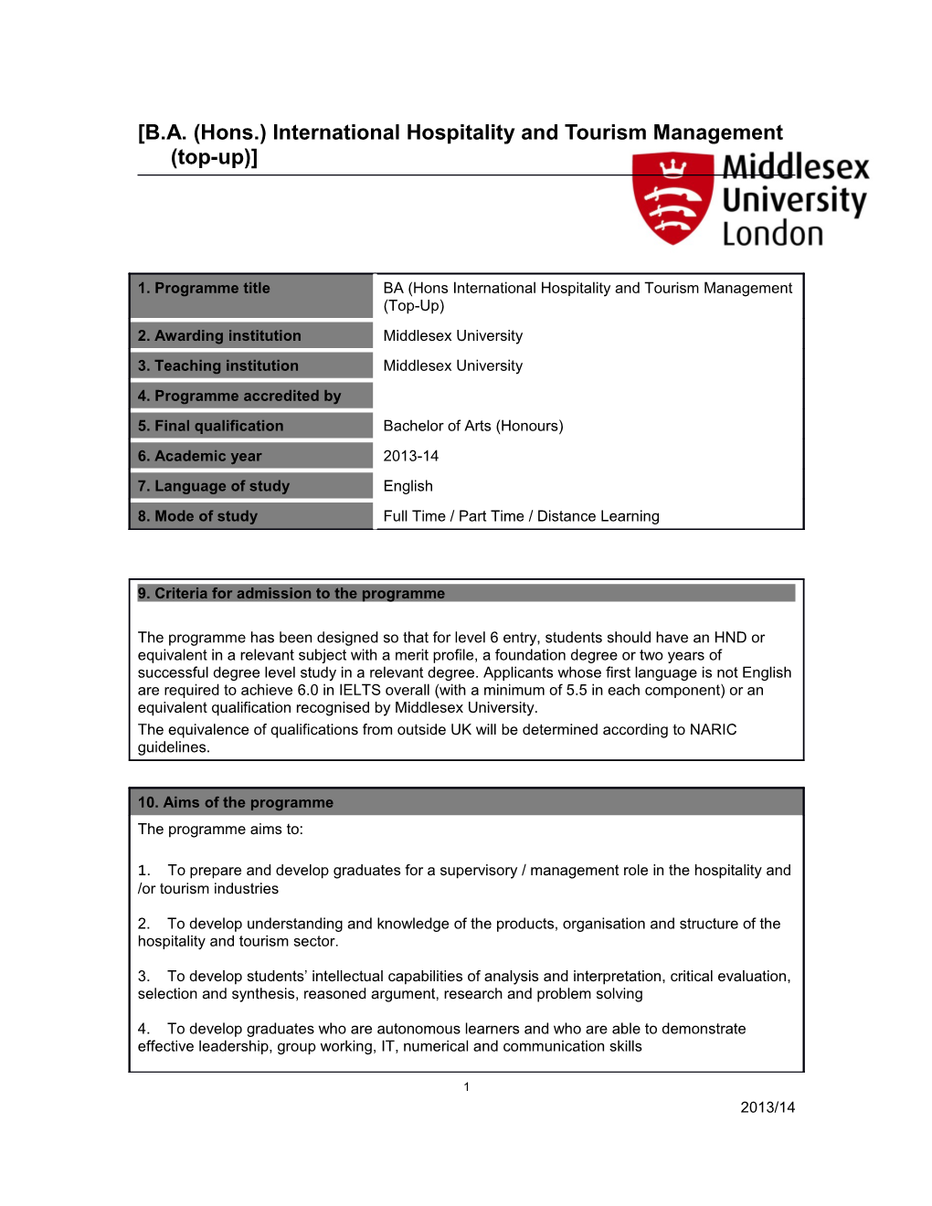 B.A. (Hons.) International Hospitality and Tourism Management (Top-Up)