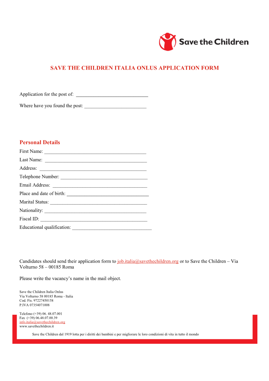 Save the Children Italia Onlus Application Form