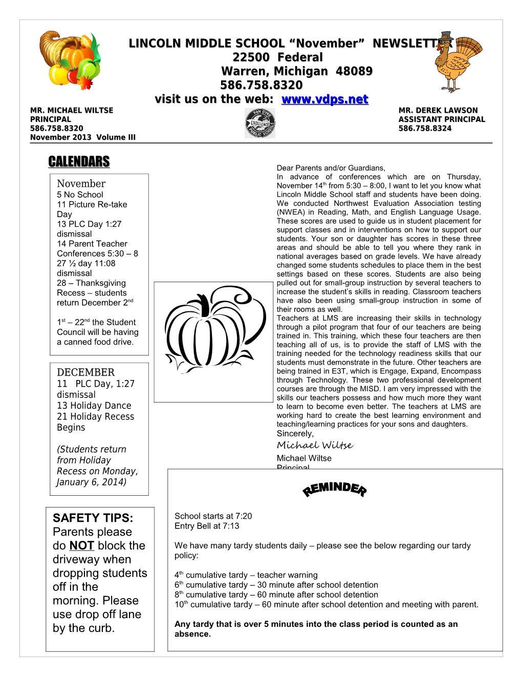 LINCOLN MIDDLE SCHOOL NEWSLETTER Volume 1