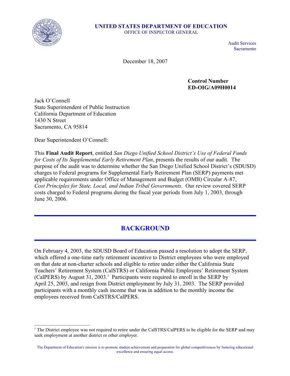 Audit A09H0014 - San Diego Unified School District's Use of Federal Funds for Costs Of