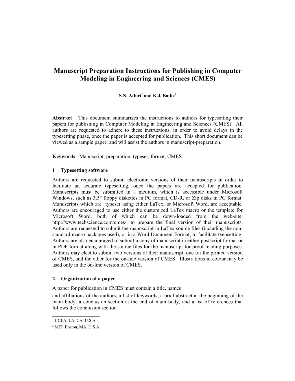 Manuscript Preparation Instruction for Publishing in Computer Modeling in Engineering And
