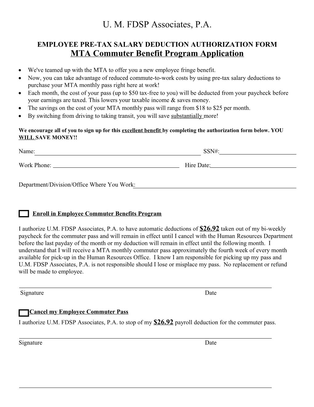 Employee Pre-Tax Salary Deduction Authorization Form