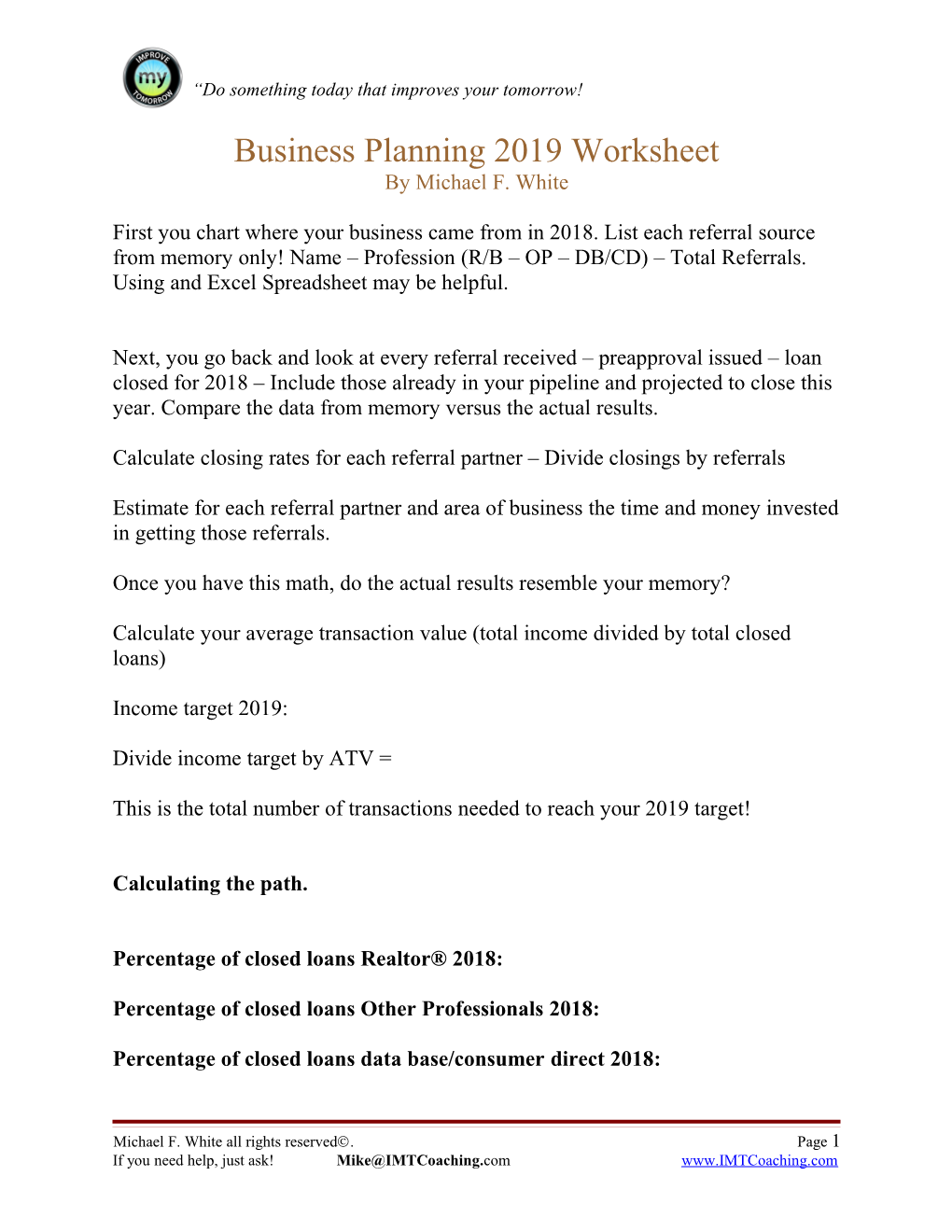 Business Planning 2019 Worksheet