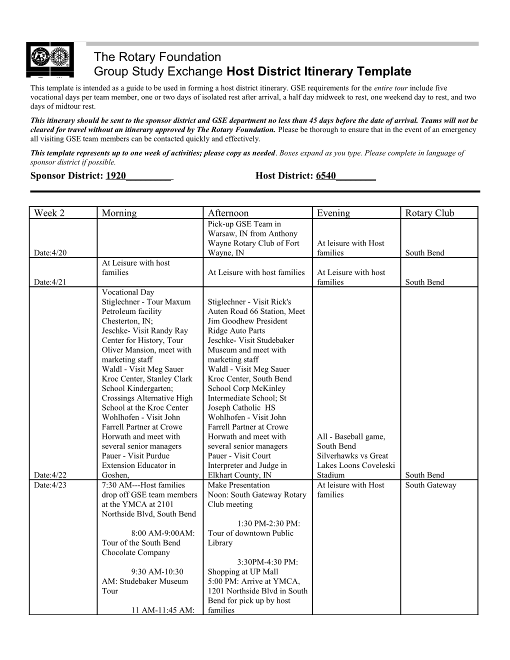 Group Study Exchange (GSE) Host District Itinerary Template
