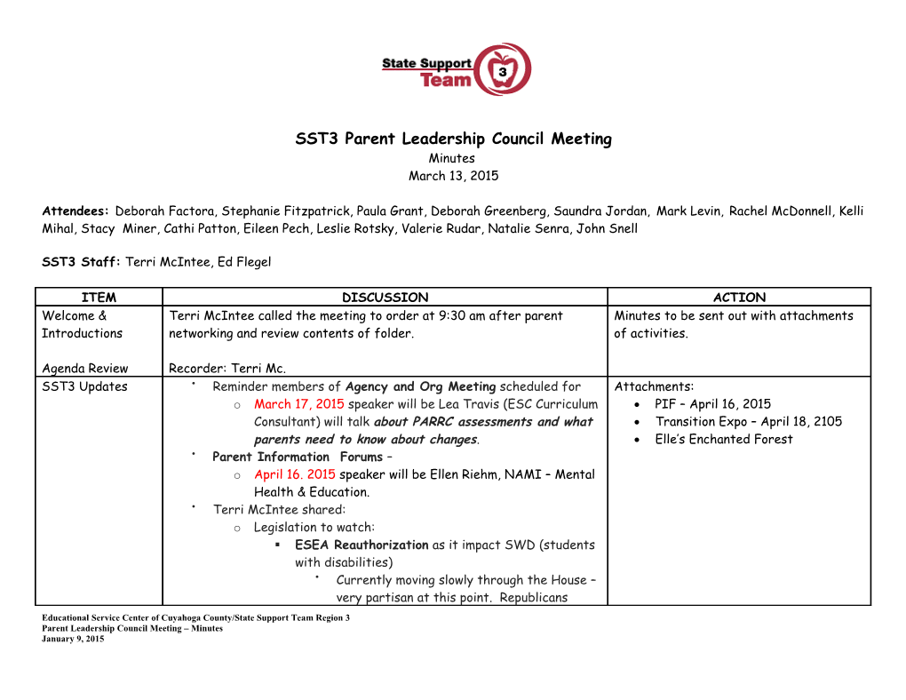SST3 Parent Leadership Council Meeting