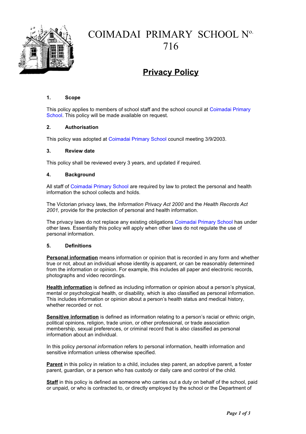 Suggestions for the Development of a School Privacy Policy