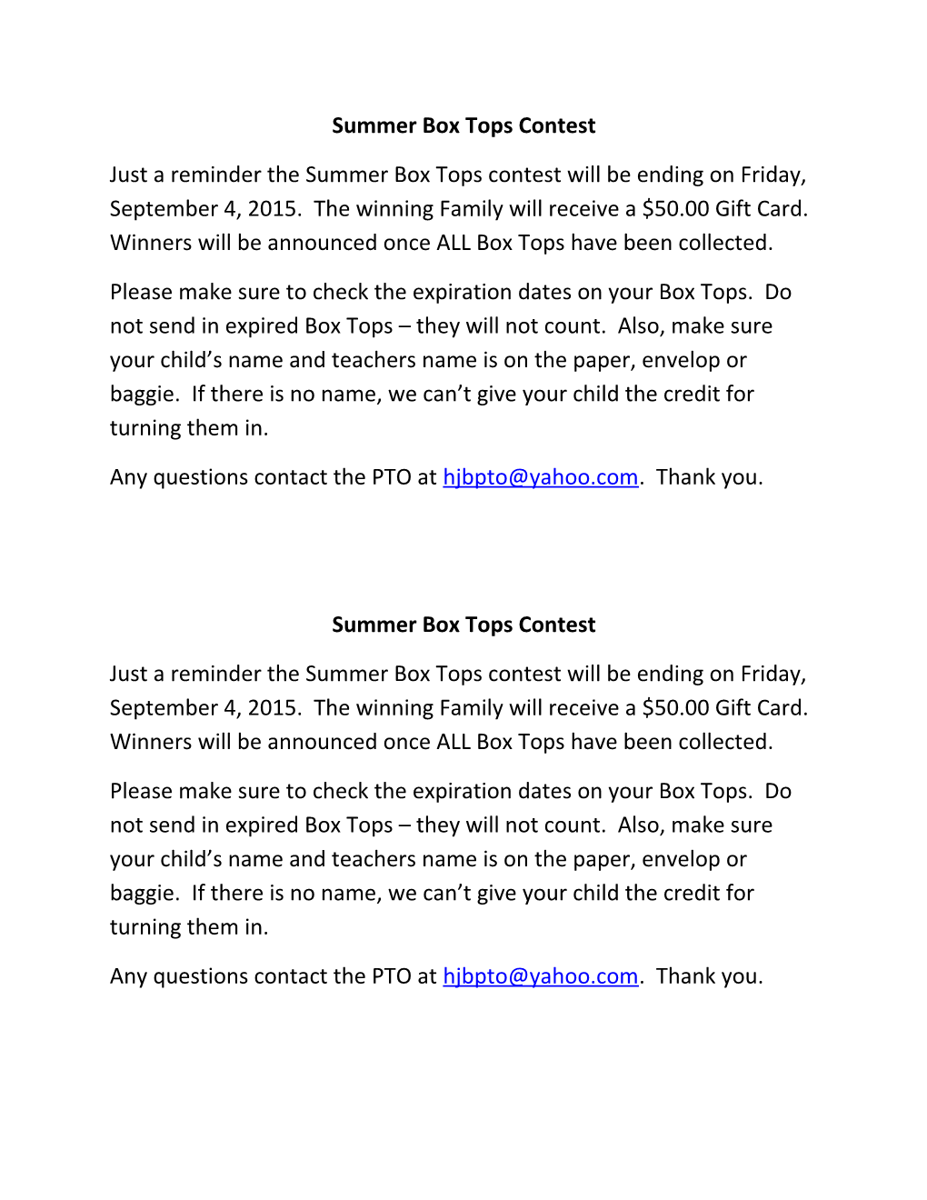 Summer Box Tops Contest