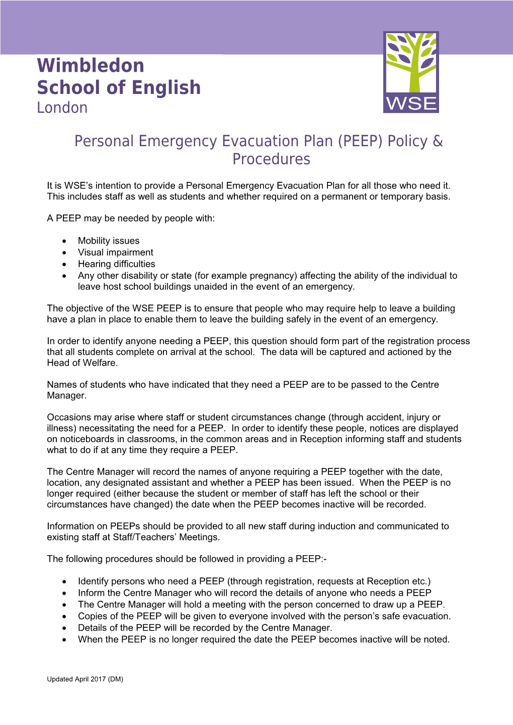 Personal Emergency Evacuation Plan (PEEP) Policy & Procedures