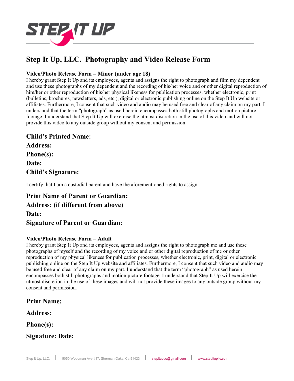 Step It Up, LLC. Photography and Video Release Form