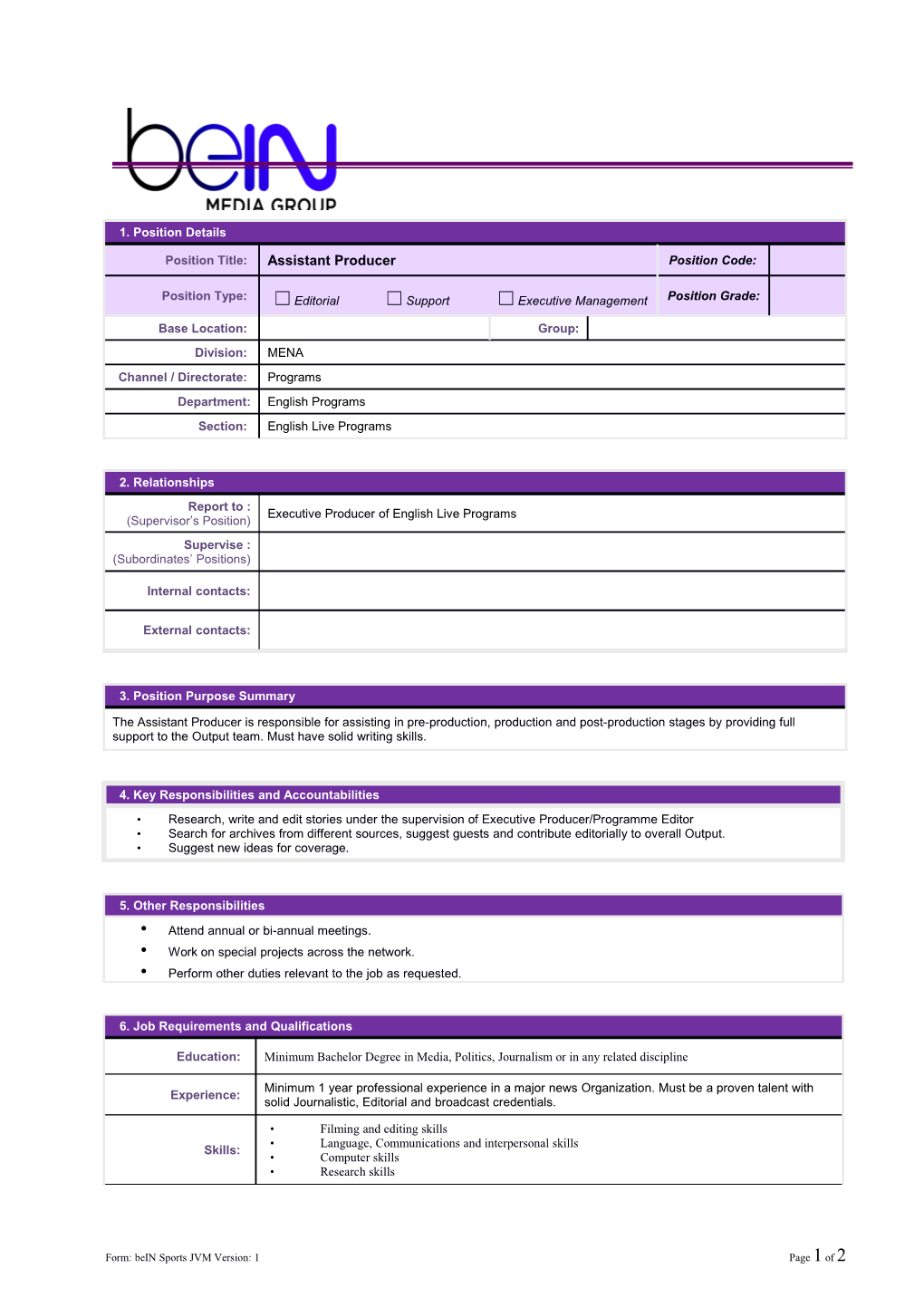 Form: Bein Sports JVM Version: 1 Page 1 of 2