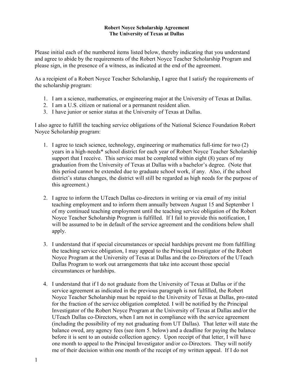 Robert Noyce Scholarship Agreement
