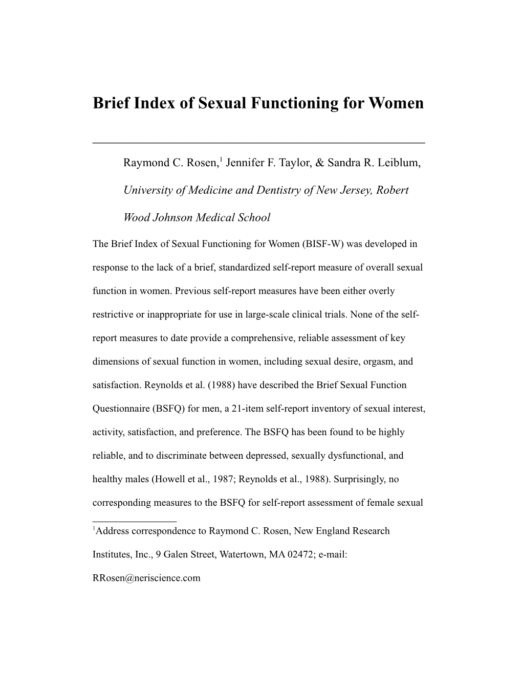 Brief Index of Sexual Functioning for Women