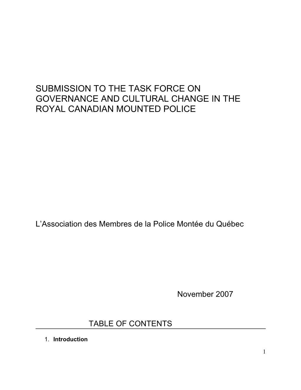 Submission To The Task Force On Governance And Cultural Change In The Royal Canadian Mounted Police