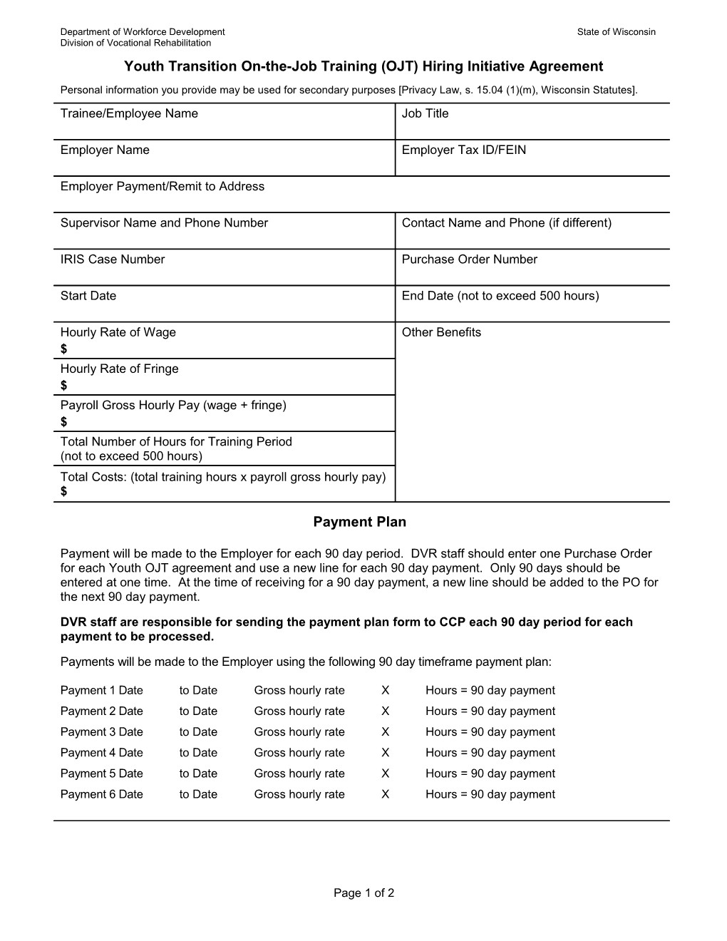 DVR-17169-E, Youth Transition On-The-Job Training (OJT) Hiring Initiative Agreement