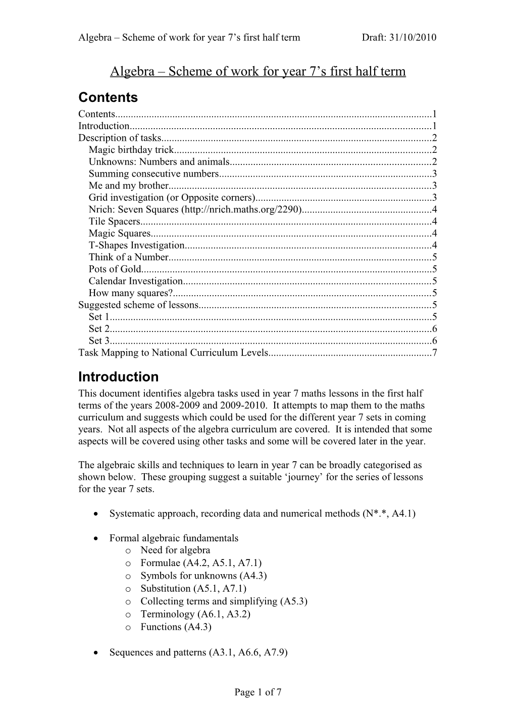 Algebra Scheme of Work for Year 7 S First Half Term Draft: 31/10/2010