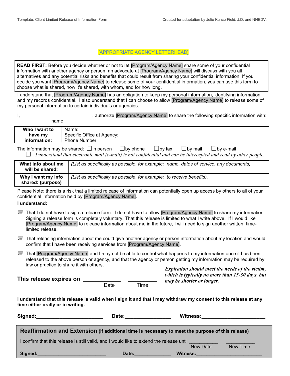 Model Template Agency Release of Information Form s1