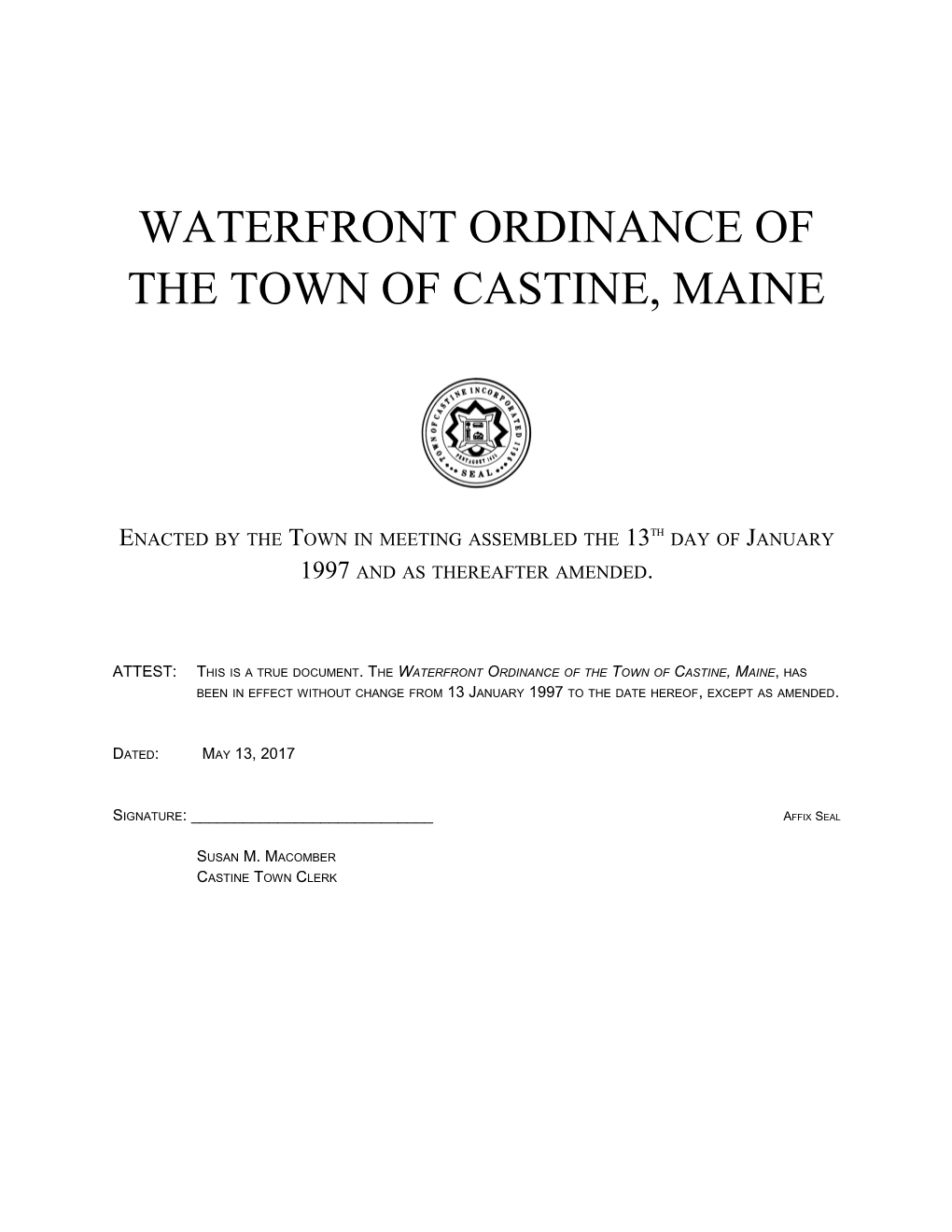 Waterfront Ordinance of the Town of Castine, Maine