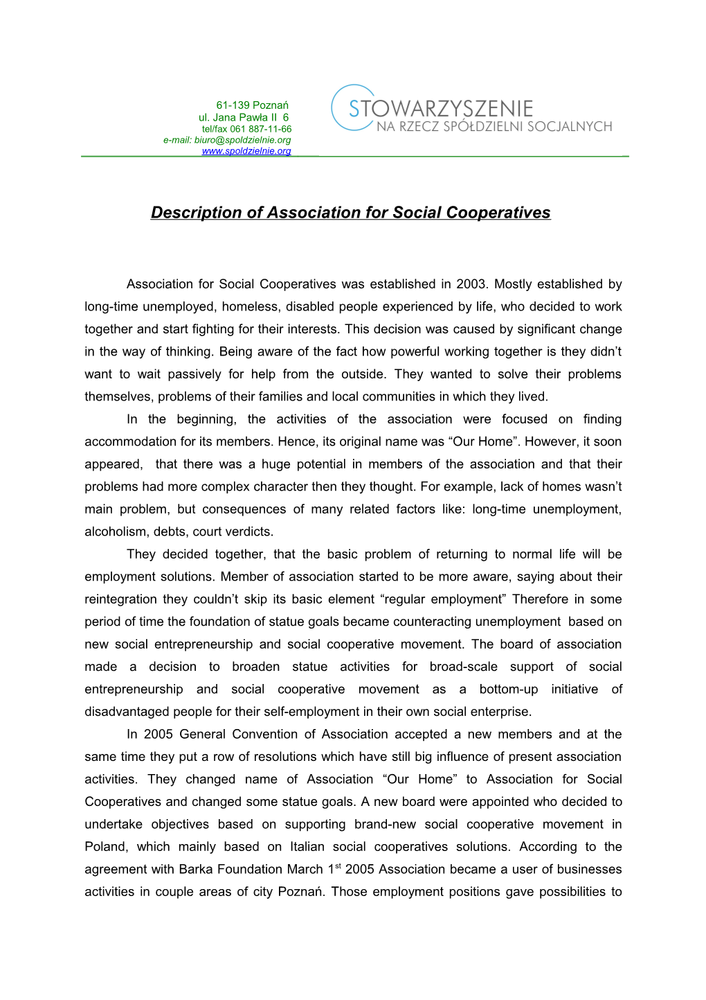 Description of Association for Social Cooperatives