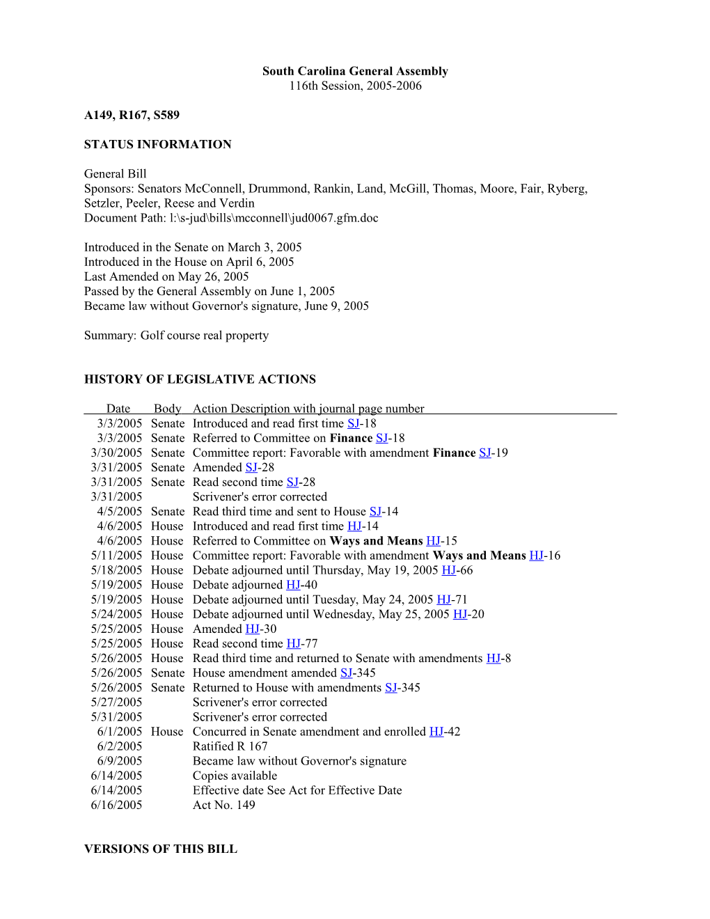 2005-2006 Bill 589: Golf Course Real Property - South Carolina Legislature Online