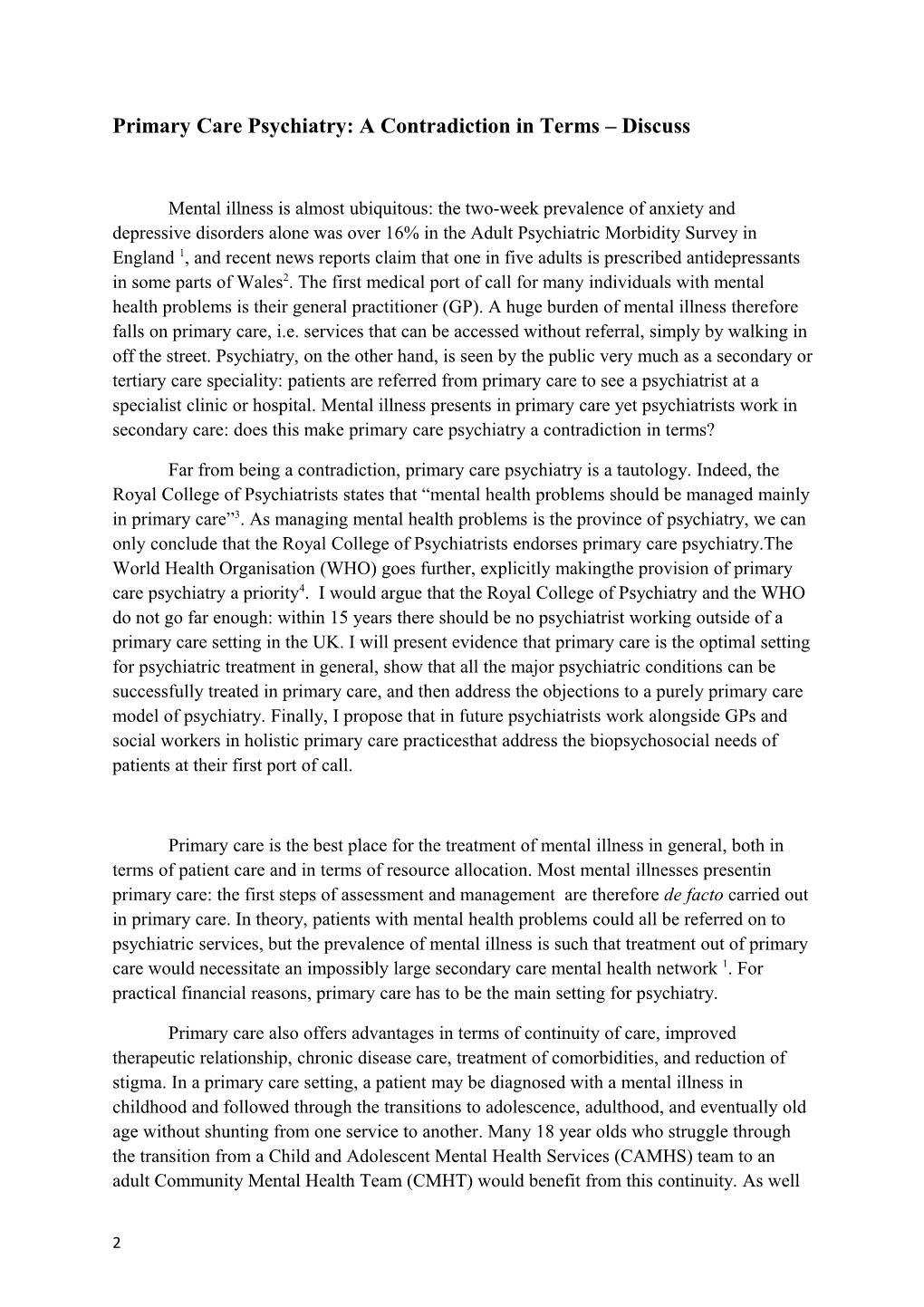 Submission for the Medical Student Essay Prize in General and Community Psychiatry 2013
