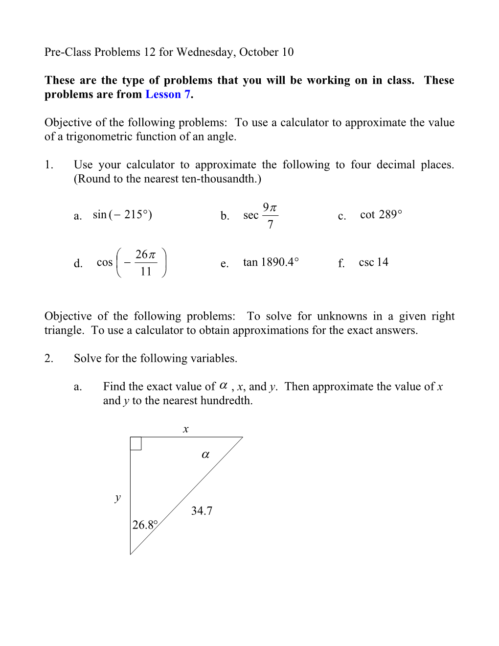 Pre-Class Problems 12 for Wednesday, October 10