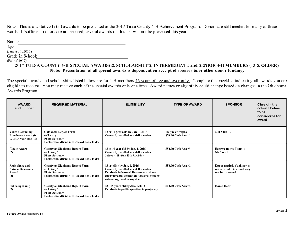 Note: Presentation of All Special Awards Is Dependent on Receipt of Sponsor &/Or Other