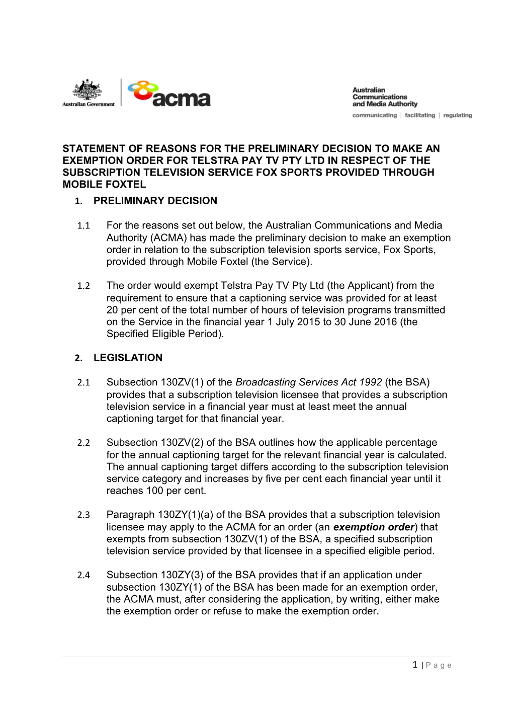Statement of Reasons for the Preliminary Decision to Make an Exemption Order for Telstra s1