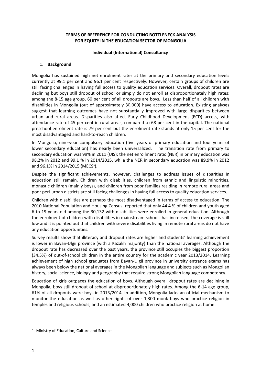 Terms of Reference for Conducting Bottleneck Analysis