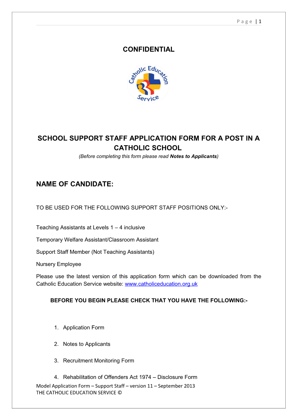 School Support Staff Application Form for a Post in a Catholic School s2